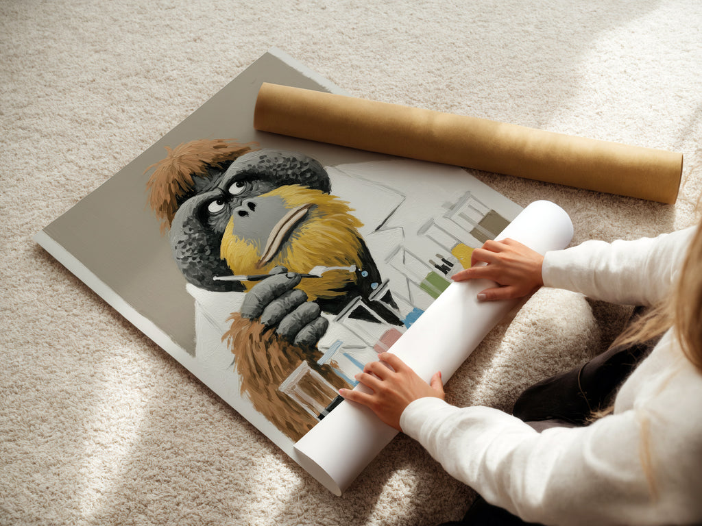 A woman carefully handles a fine art poster paper of the Orangutan Scientist artwork. This image highlights the care and quality that goes into producing each print. The poster is ready to bring educational charm to classrooms home offices or study rooms.