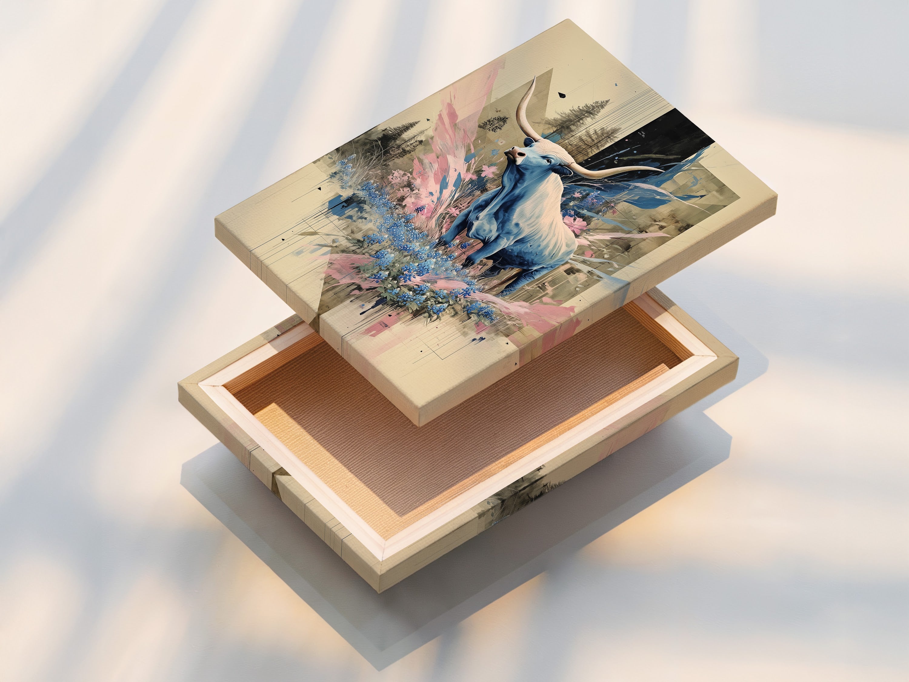 A stretched canvas print of bull art. Showcasing contemporary animal artwork with abstract wildlife elements. The blue hues add a modern touch to this wall decor. Ideal for living rooms or bedrooms. This animal print is ready to hang and complements rustic and eclectic styles.