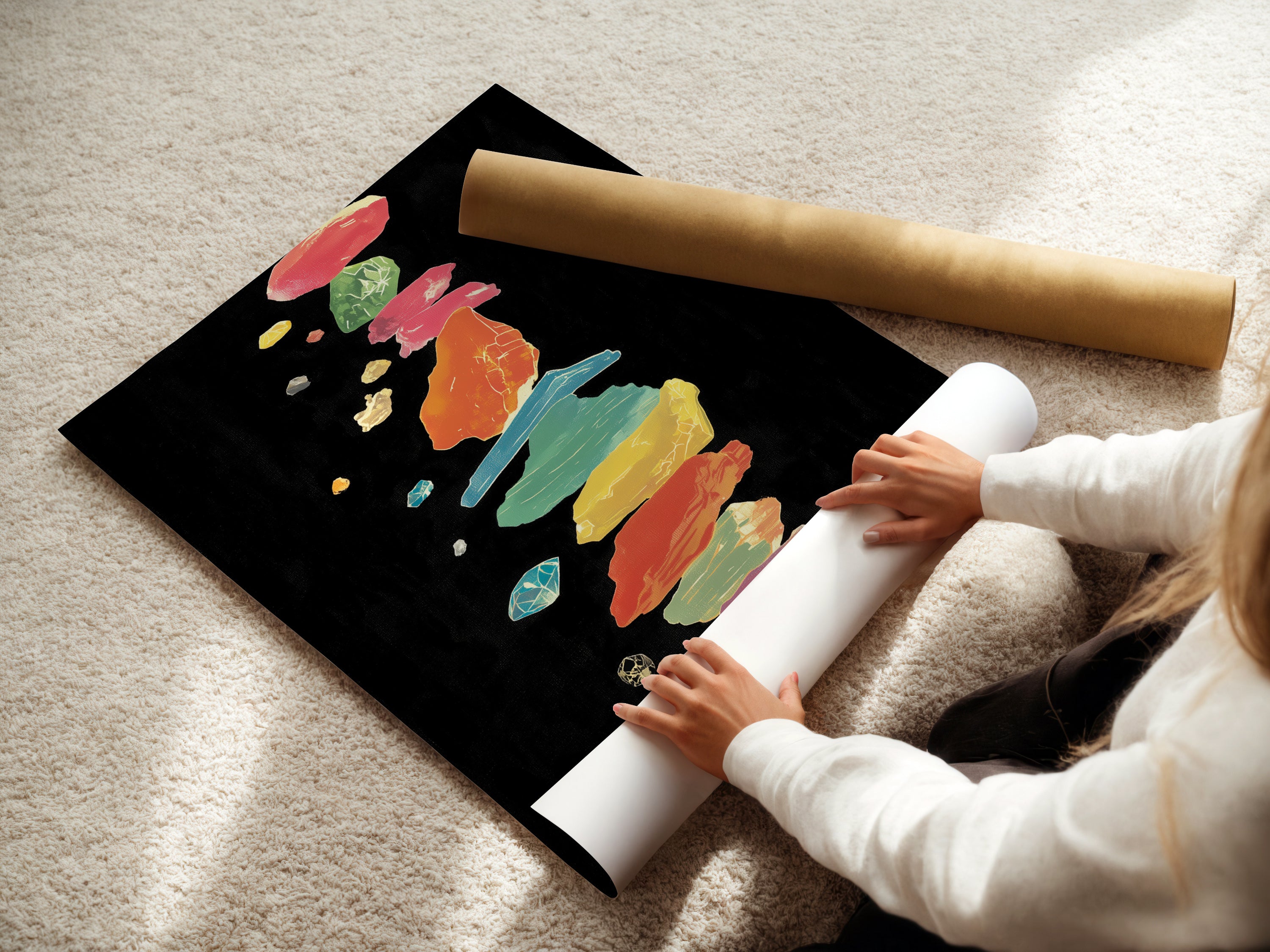 A woman is carefully rolling a fine art poster paper featuring a sports car artwork. The artwork showcases a red sports car with colorful abstract elements. Perfect for creating high-quality prints for automotive art collectors. This scene captures the precision and care in producing stunning wall art.