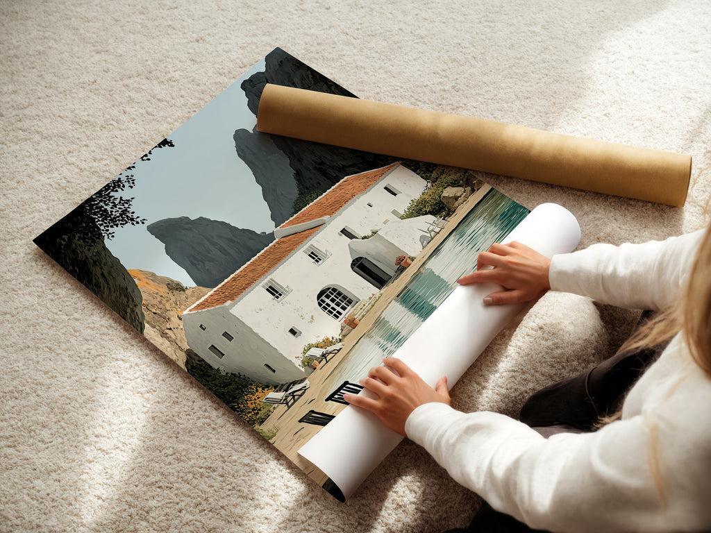A woman is carefully rolling a fine art poster paper. The paper showcases coastal villa artwork. She is preparing it for shipping or framing. This fine art poster paper captures the essence of the Mediterranean sea wall art. Perfect for your home.