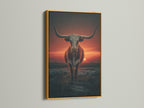 Longhorn bull artwork in a gold frame. This western wall art features a sunset backdrop. The gold frame adds a touch of elegance to the rustic artwork. Ideal for enhancing your country wall art collection. This bull canvas print adds a luxurious feel.