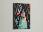 The City Bridge artwork is presented in a black frame. The black frame adds a bold statement to the geometric print. This frame is ideal for creating a focal point in your modern artwork collection. A sleek choice.