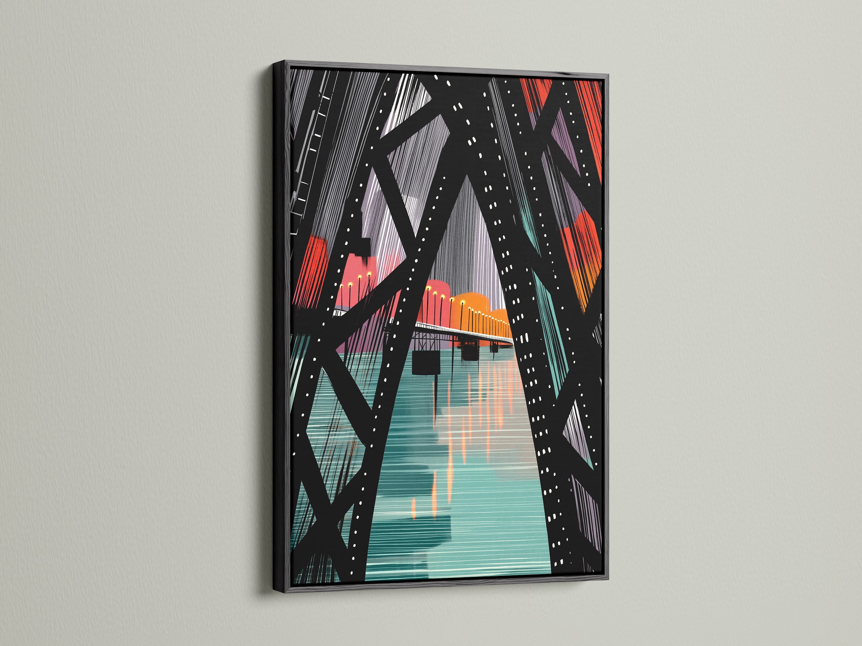 The City Bridge artwork is presented in a black frame. The black frame adds a bold statement to the geometric print. This frame is ideal for creating a focal point in your modern artwork collection. A sleek choice.