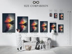 A size comparison chart is displayed in an interior setting. This chart helps you visualize the different sizes available for this artwork. The surreal landscape print with a sunset reflection is shown in various dimensions. Choose the perfect size for your space