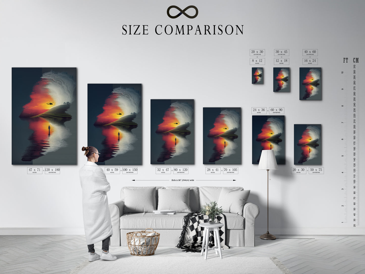 A size comparison chart is displayed in an interior setting. This chart helps you visualize the different sizes available for this artwork. The surreal landscape print with a sunset reflection is shown in various dimensions. Choose the perfect size for your space