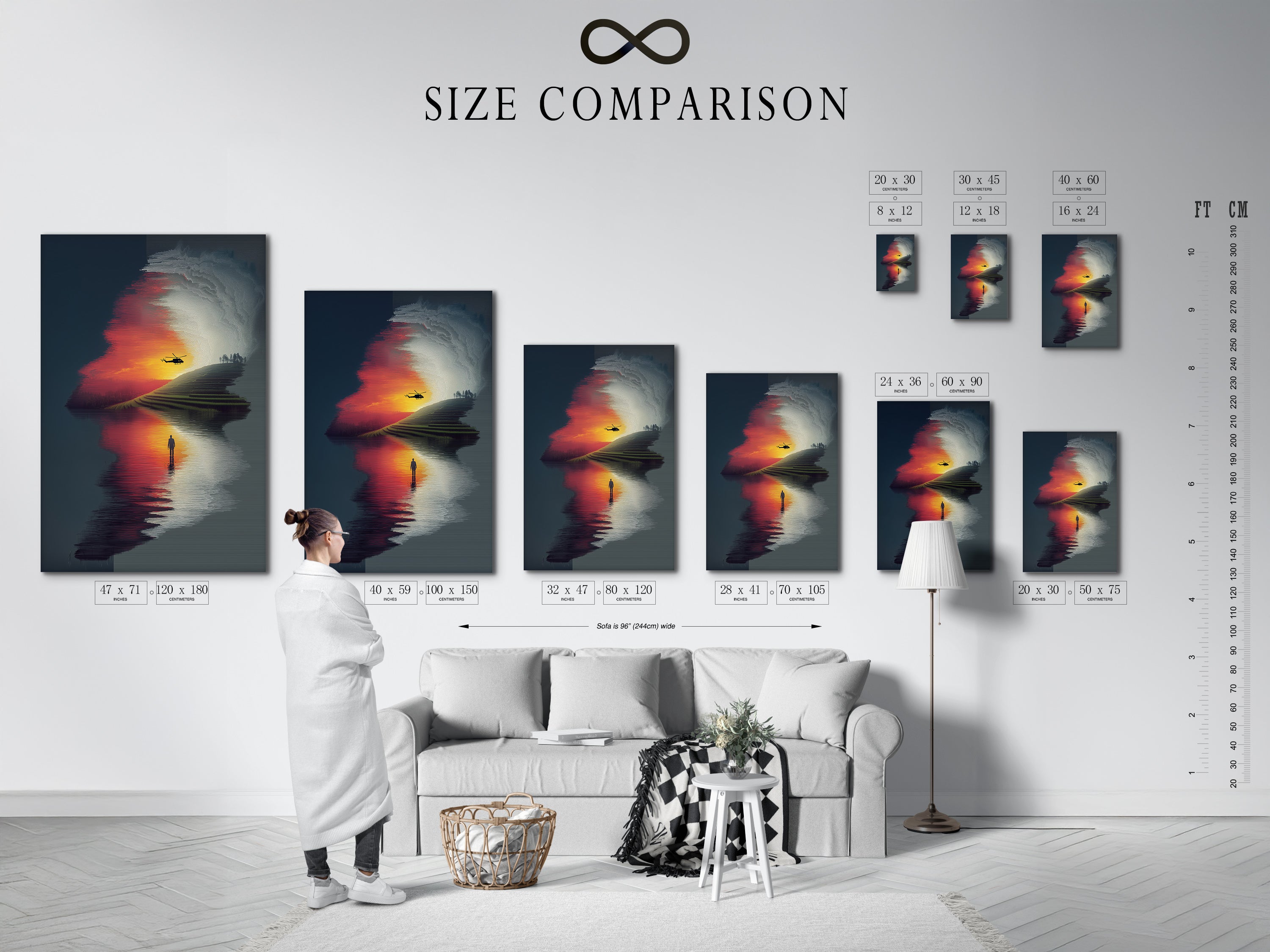 A size comparison chart is displayed in an interior setting. This chart helps you visualize the different sizes available for this artwork. The surreal landscape print with a sunset reflection is shown in various dimensions. Choose the perfect size for your space