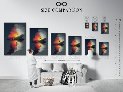 A size comparison chart is displayed in an interior setting. This chart helps you visualize the different sizes available for this artwork. The surreal landscape print with a sunset reflection is shown in various dimensions. Choose the perfect size for your space