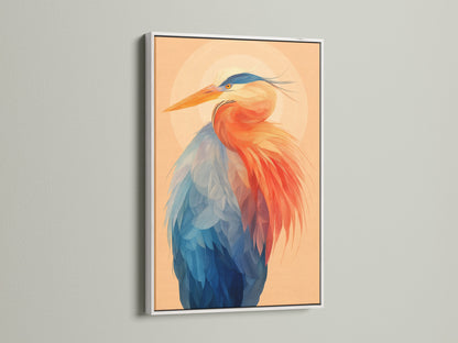 Framed heron art print with a white frame. The coastal wall art showcases a colorful heron. It is perfect for modern decor. This avian artwork will brighten up any space. The white frame creates a clean and contemporary look. It enhances the blue and orange tones of the print.