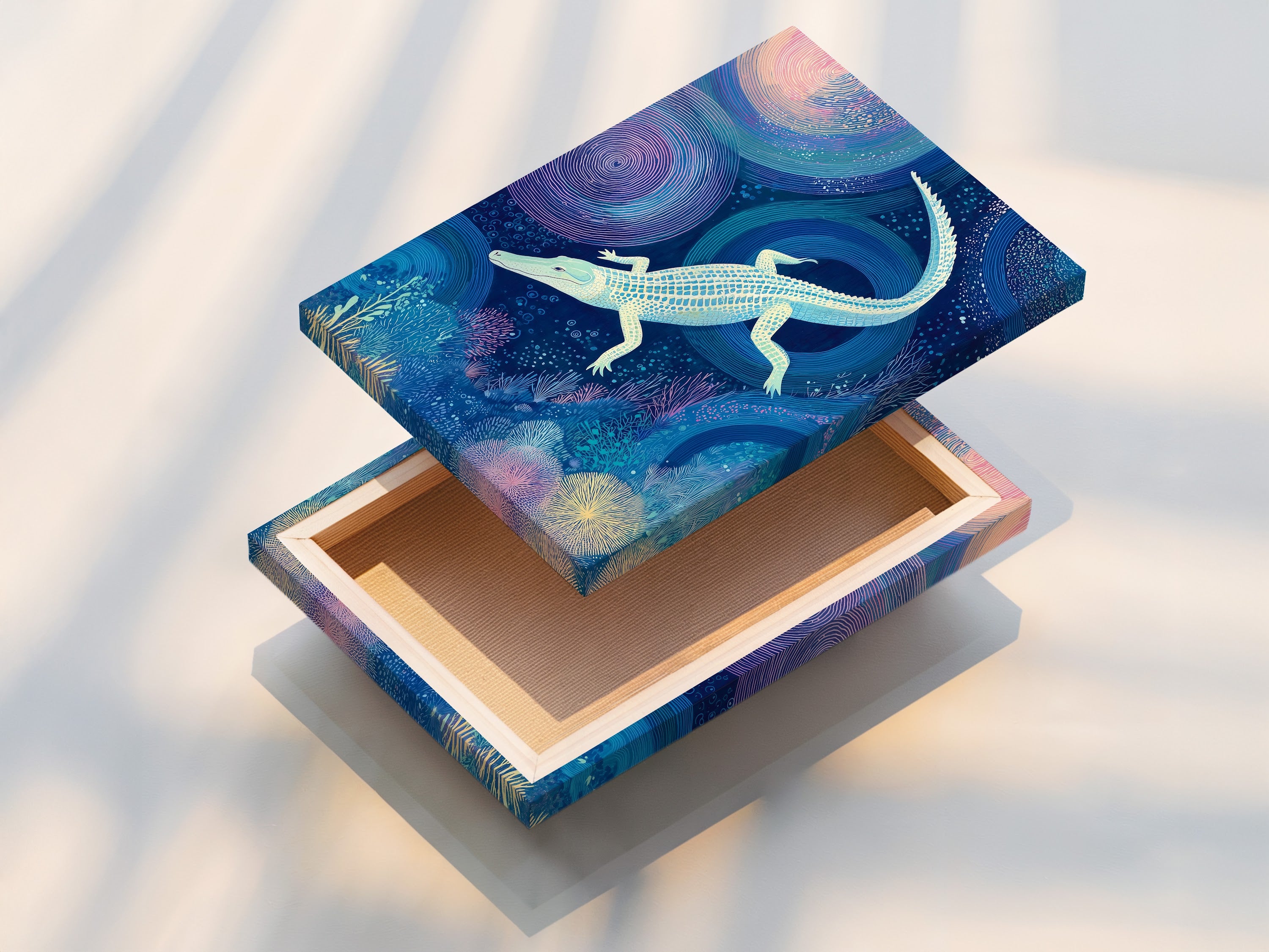 This is a stretched canvas print of our Alligator Art. The print features vibrant ocean blue tones and underwater wildlife. Ready to hang this piece adds a coastal and tropical touch to any space. It's perfect for bathroom art.