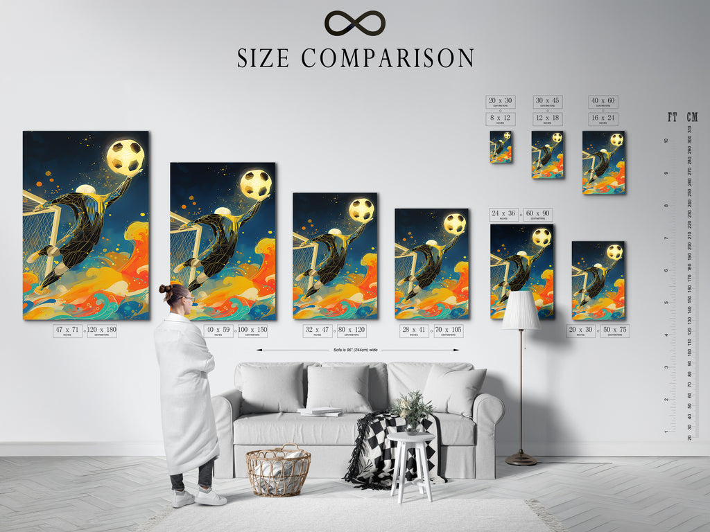 This is a size comparison chart displayed in an interior setting. You can visualize how the soccer goalkeeper artwork fits. It helps choose the perfect dimensions for a playroom or sports-themed bar. Plan your sports wall decor with confidence.