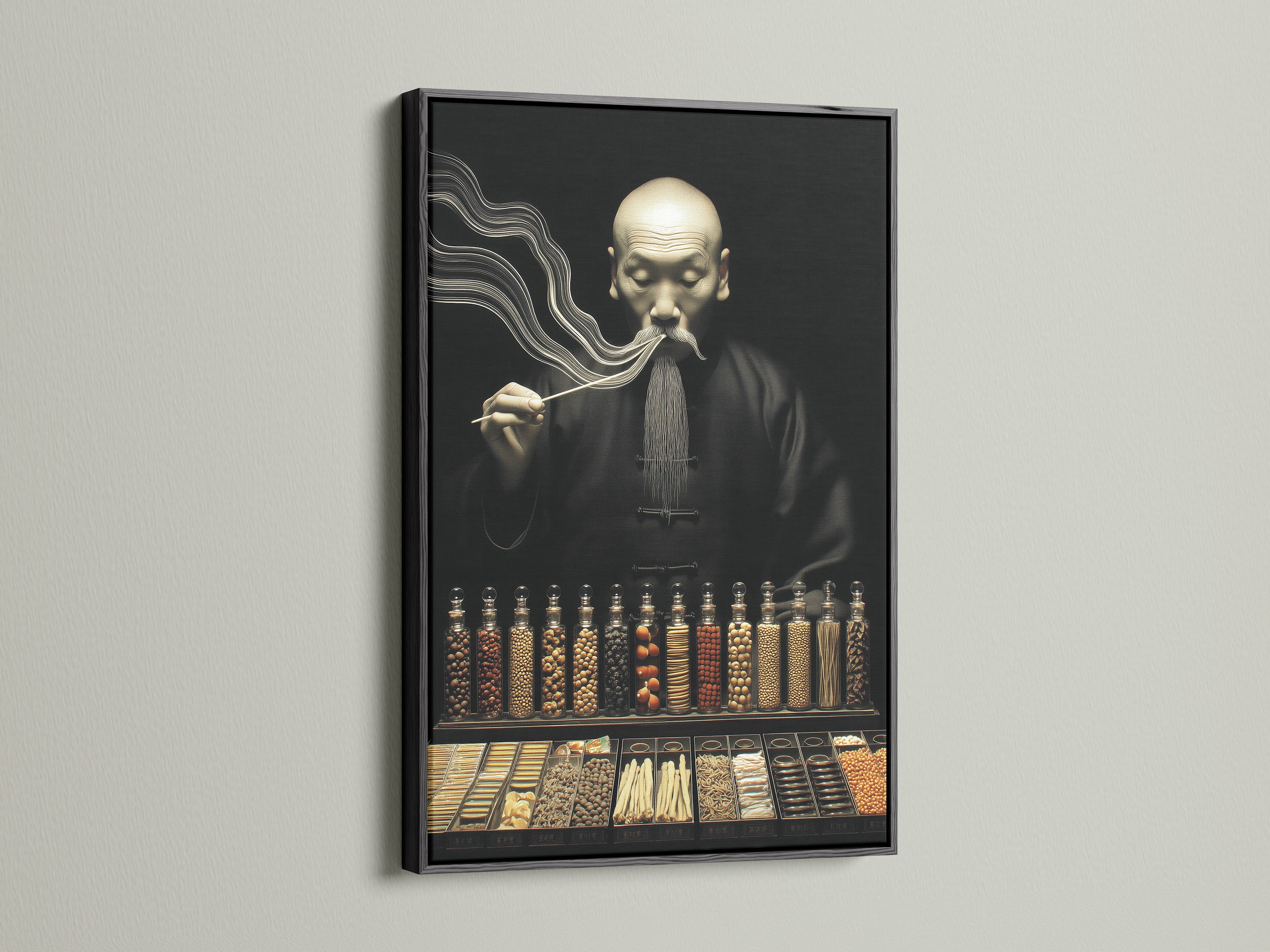 Apothecary vintage artwork showcased in a black frame. The black frame adds a bold contrast to the piece. It's perfect for creating a focal point in any room. This piece suits medical offices or living spaces. The artwork enhances Asian-inspired or antique aesthetics. This piece is a striking addition to your decor.