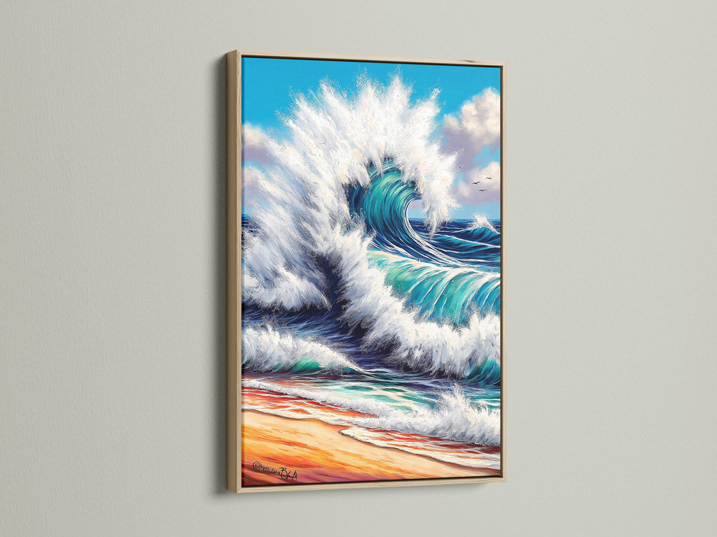 The ocean wave art is showcased in an oak frame. This seascape canvas enhances any space. Ideal for bathroom wall decor or a beach house. Enjoy the calming turquoise print. Perfect for ocean lovers seeking coastal wall art.