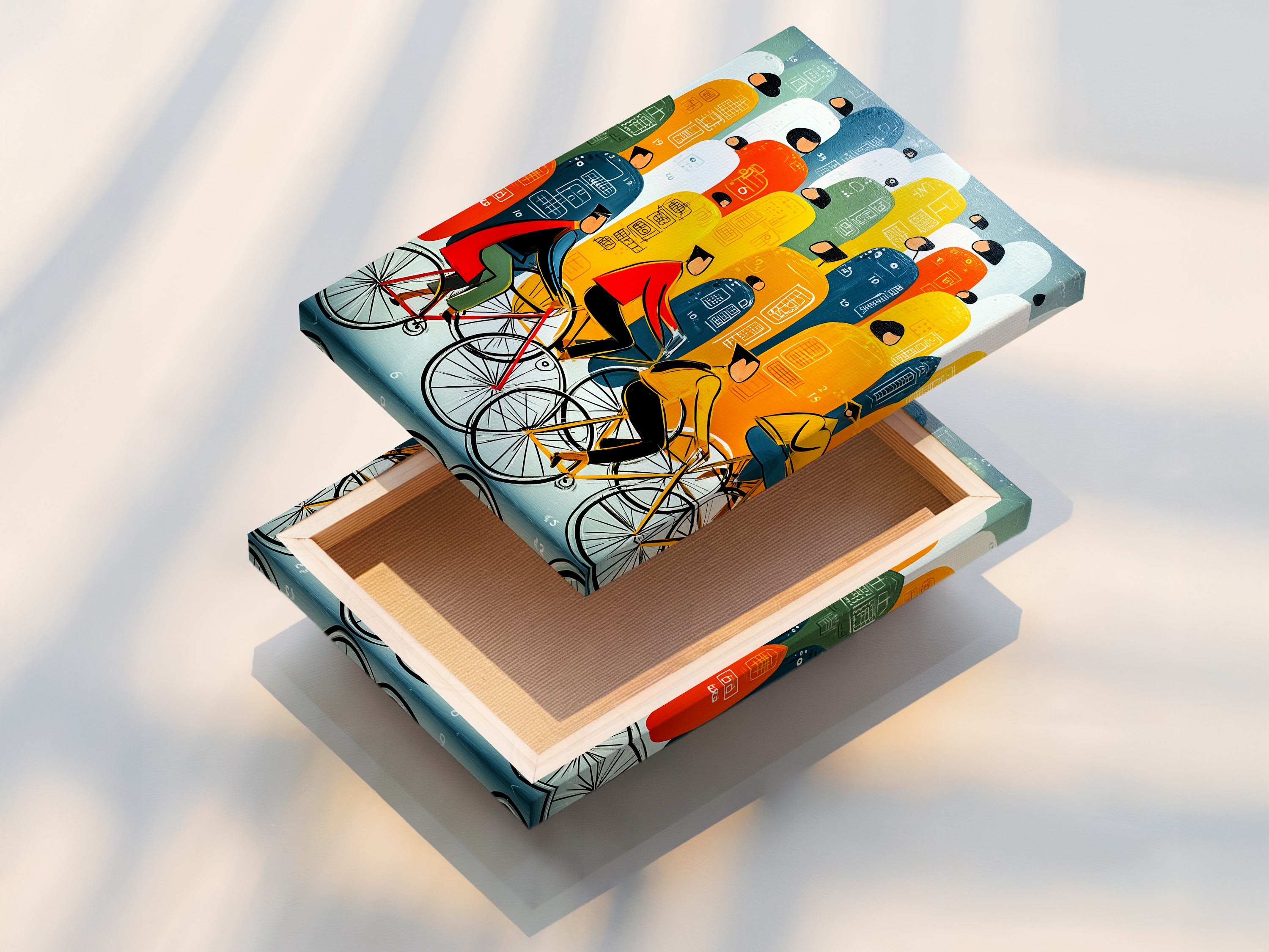 A professionally stretched Bicycle Riders canvas print. The abstract city wall art is ready to hang. Colorful commute artwork for office decor is displayed. The canvas is durable and vibrant. An excellent choice for living room wall art.