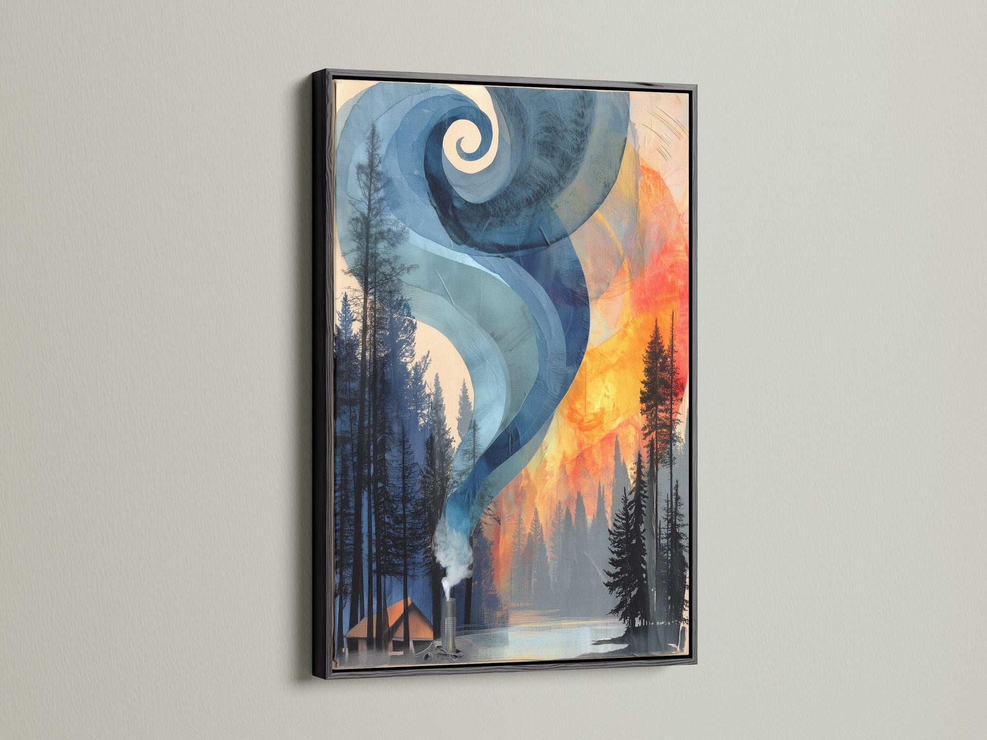 Modern abstract landscape artwork in a black frame. The art is of a forest fire with modern wall art. The black frame gives it a contemporary feel. This artwork is perfect for interior designers.