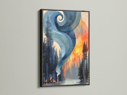 Modern abstract landscape artwork in a black frame. The art is of a forest fire with modern wall art. The black frame gives it a contemporary feel. This artwork is perfect for interior designers.