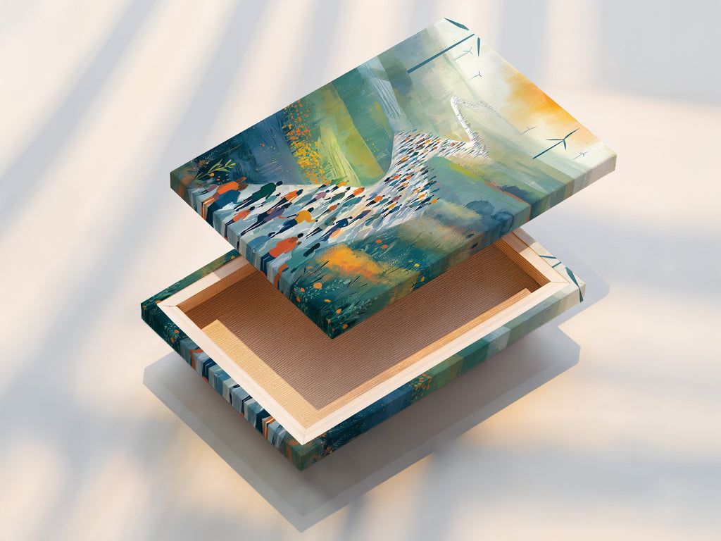 Wind Farm Migration Art - Modern Landscape Print, People Walking Path Through Rolling Hills, Green Energy Wall Art, Contemporary