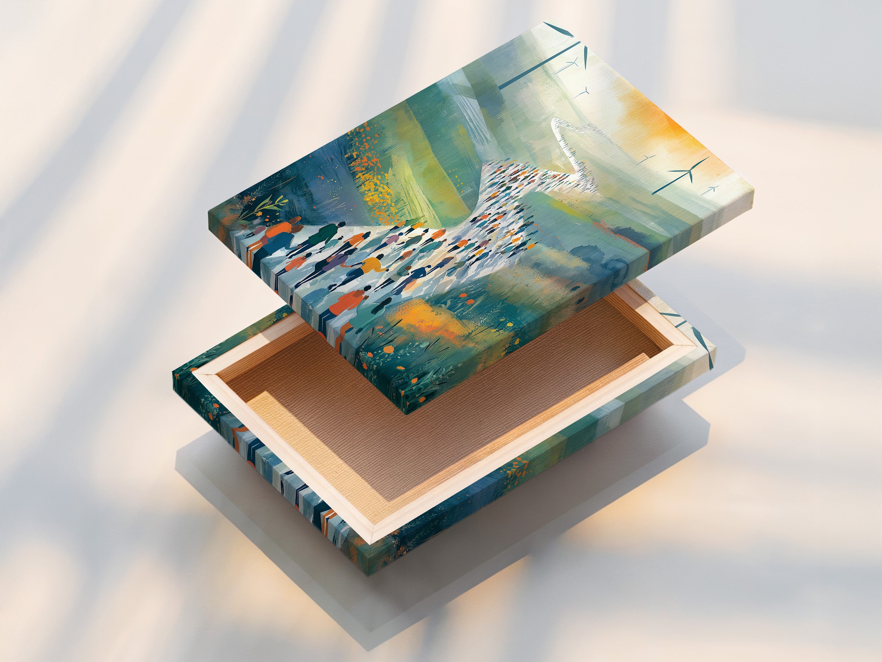 Wind Farm Migration Art - Modern Landscape Print, People Walking Path Through Rolling Hills, Green Energy Wall Art, Contemporary