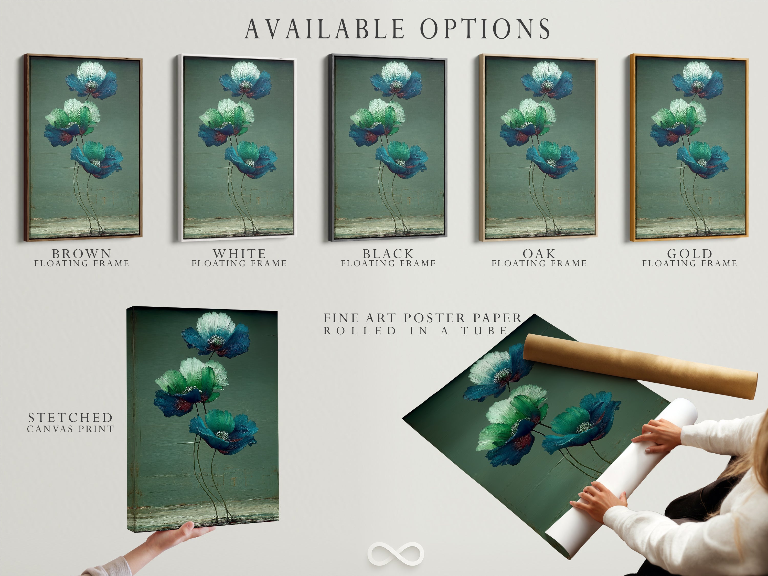 Explore our available options: stretched canvas print fine art poster paper and floating frame. Choose the perfect medium for your floral canvas. Discover botanical art tailored to your style. Enhance your bedroom decor with modern flower artwork.