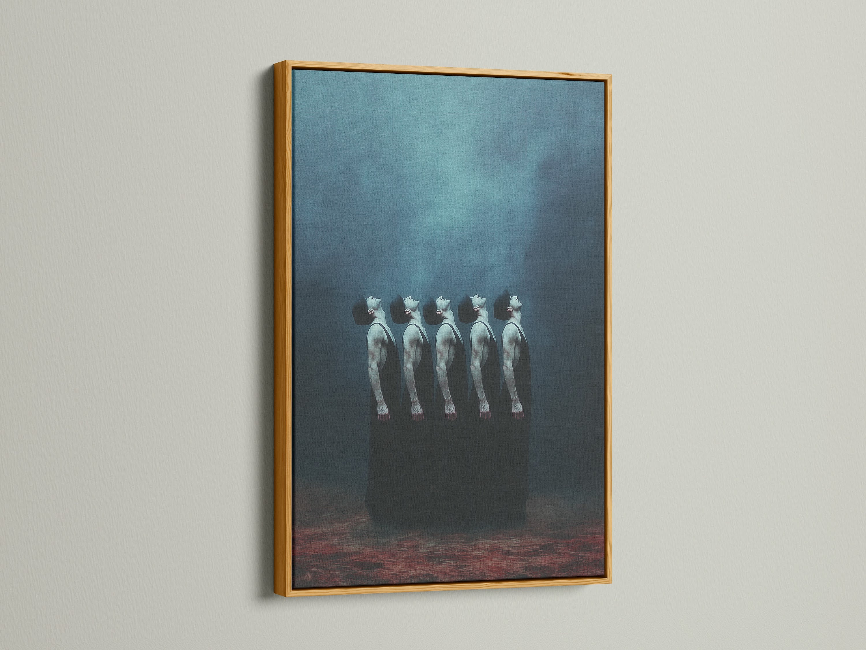 This photo features the surreal figures canvas print in a gold frame. The indigo art enhances the room with its rich color. This figure study adds a touch of elegance to any space. It is perfect for those seeking unique wall art.