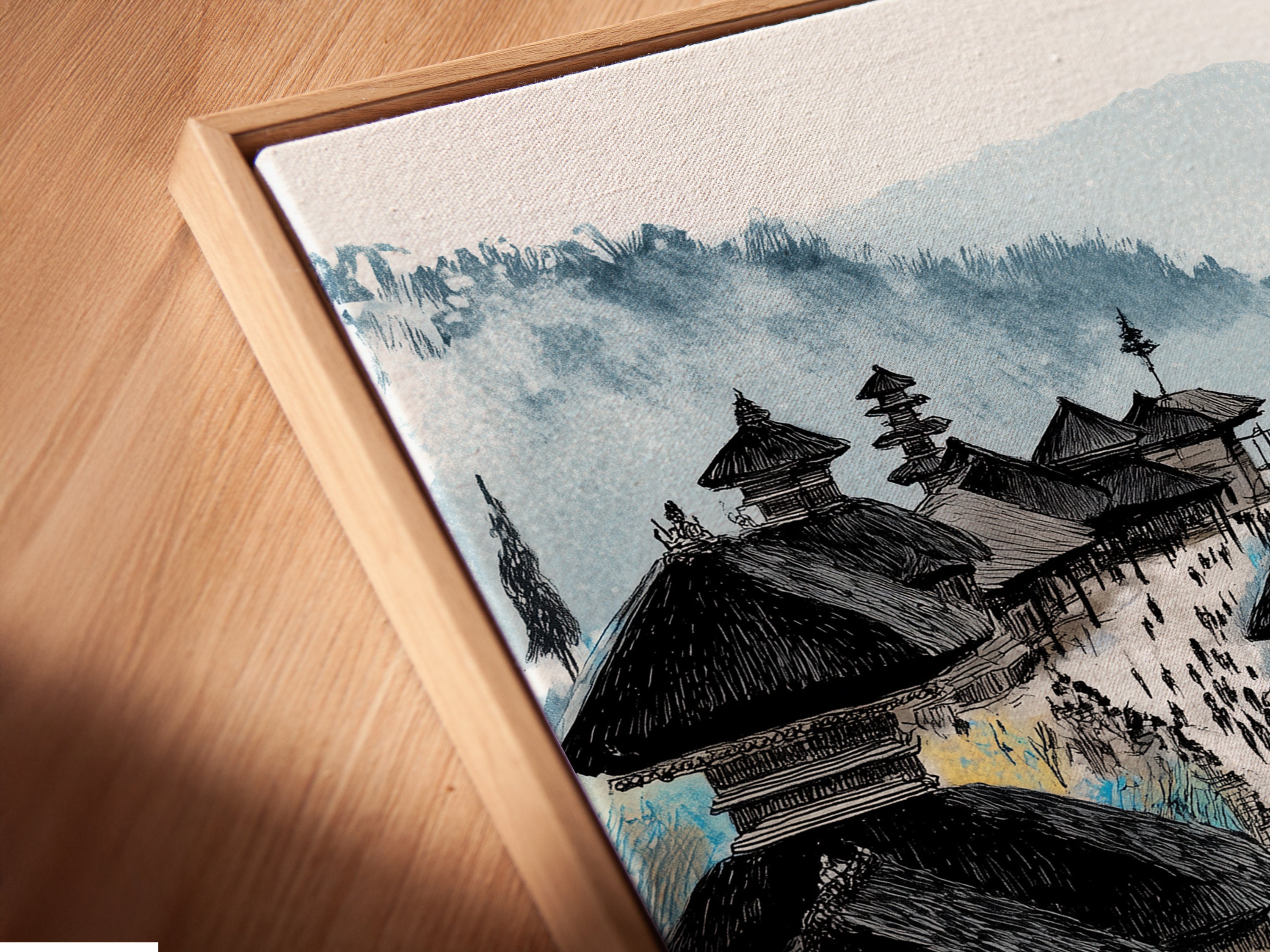 A close-up of the Balinese Temple canvas print in a floating frame. The floating frame gives a modern touch to this Asian architecture wall art. It's perfect for those seeking unique cultural artwork. This travel photography brings Balinese culture to your walls.