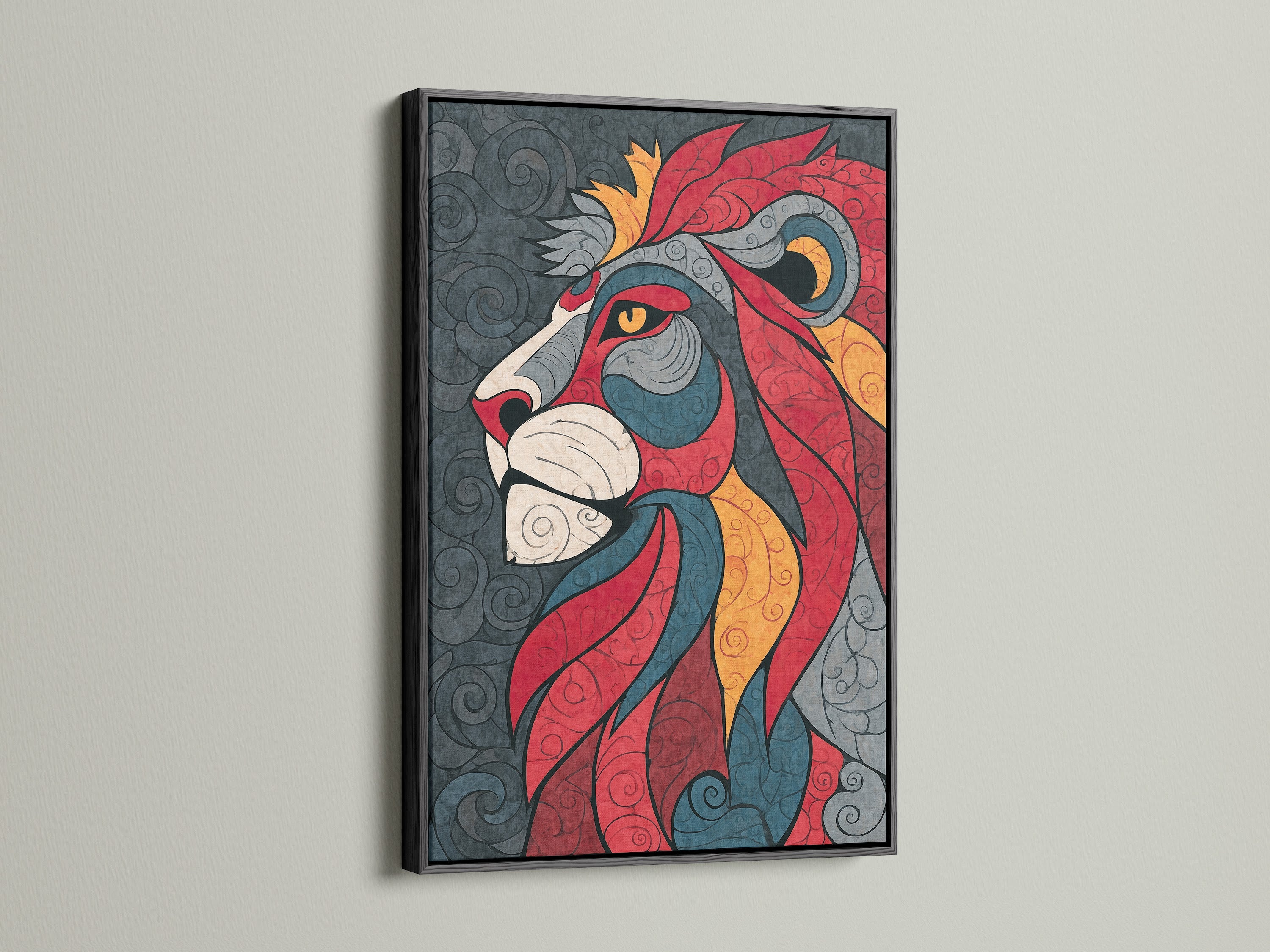 A striking lion artwork is presented in a black frame. The black frame adds contrast and sophistication. It makes the artwork pop. Ideal for creating a focal point in any room. Elevate your home decor with this bold framed art.