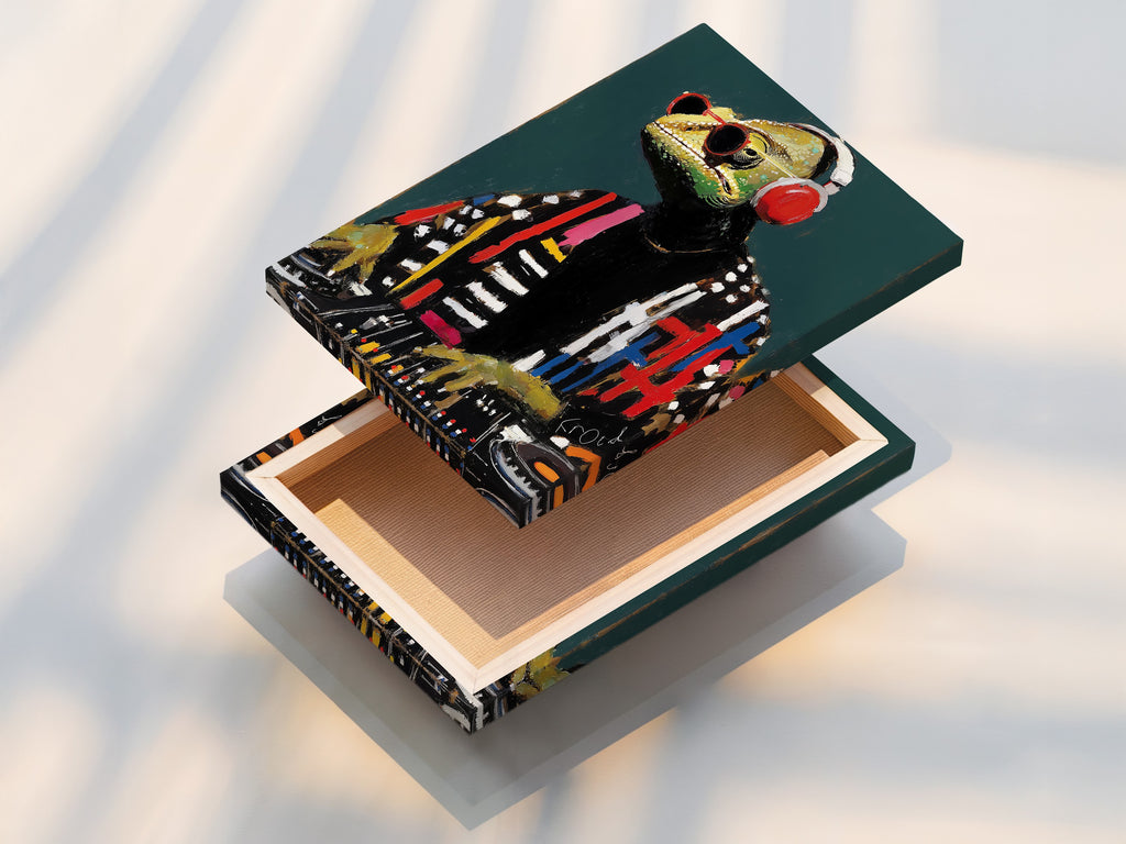 A stretched canvas print of the DJ Iguana artwork. This contemporary art piece is ready to hang and enjoy. The stretched canvas provides a gallery-quality look. Perfect for music studio decor or office wall art.