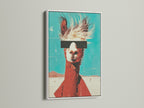 Llama canvas in a white frame. This quirky art print adds personality to your space. Retro teal and orange colors make it a modern piece. It is ideal for bedroom wall art.