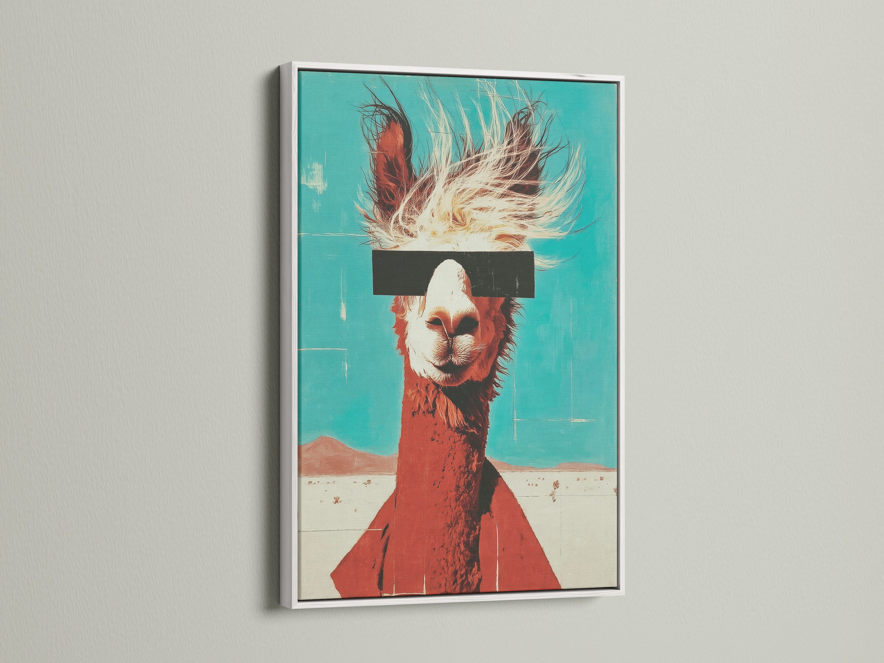 Llama canvas in a white frame. This quirky art print adds personality to your space. Retro teal and orange colors make it a modern piece. It is ideal for bedroom wall art.