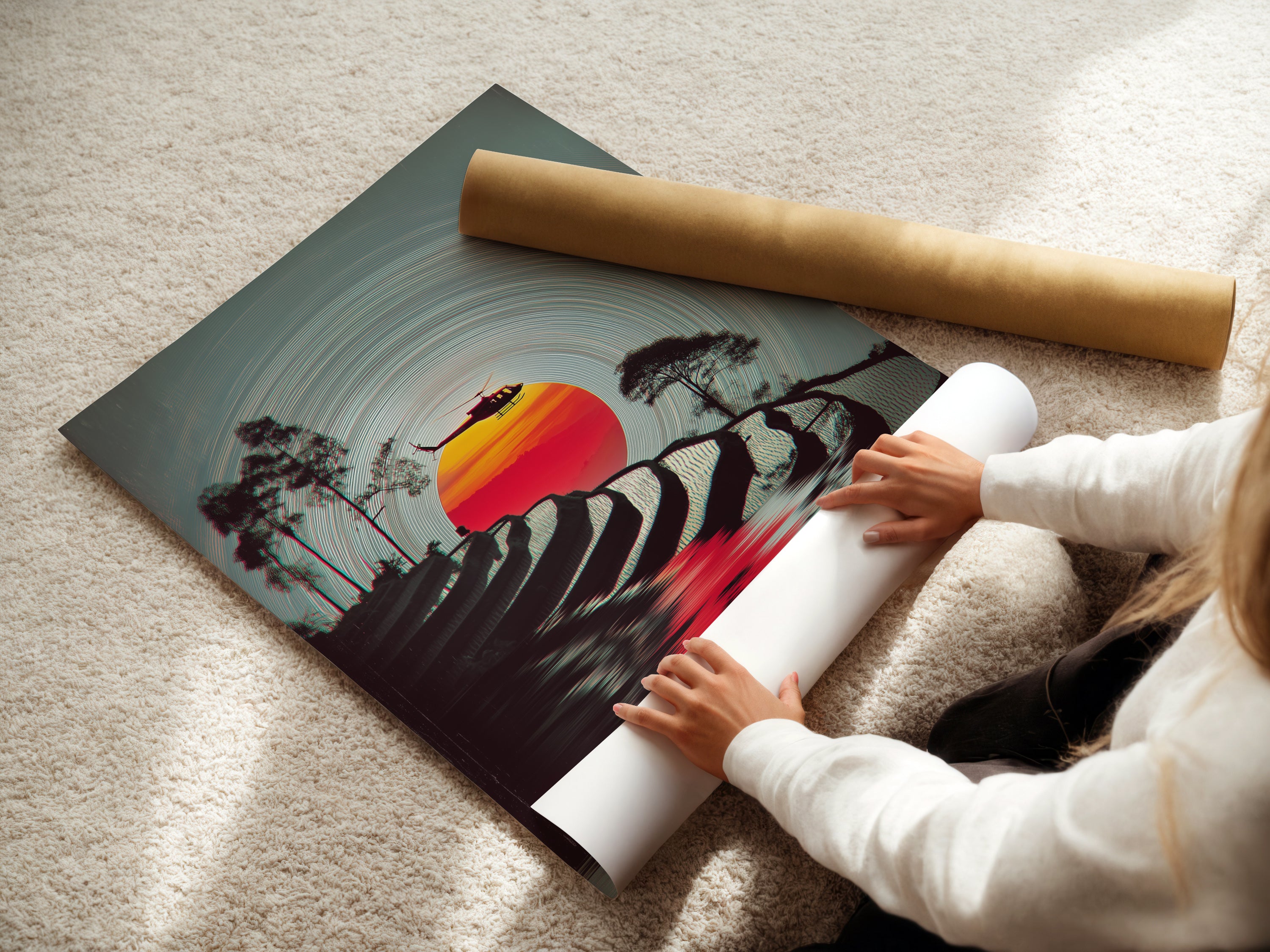 A woman expertly rolls a fine art poster paper. This poster features the terraced rice fields artwork. This ensures safe delivery and preservation of your travel poster. Perfect for adding vintage charm to any space. Get yours now.