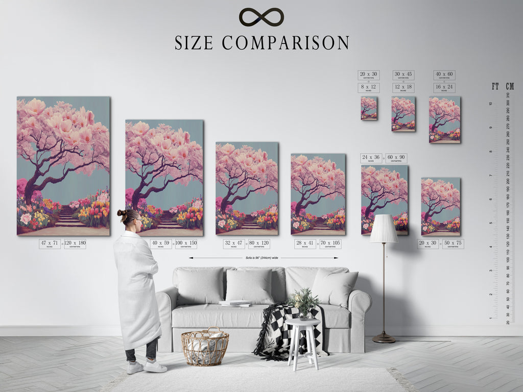 A size comparison chart displayed in an interior setting. The chart showcases various sizes of the cherry blossom tree artwork. Choose the perfect size for your space whether it's a small print or a large canvas. This Japanese garden canvas print is available in multiple sizes to suit any room.