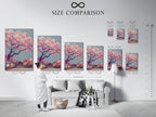 A size comparison chart displayed in an interior setting. The chart showcases various sizes of the cherry blossom tree artwork. Choose the perfect size for your space whether it's a small print or a large canvas. This Japanese garden canvas print is available in multiple sizes to suit any room.