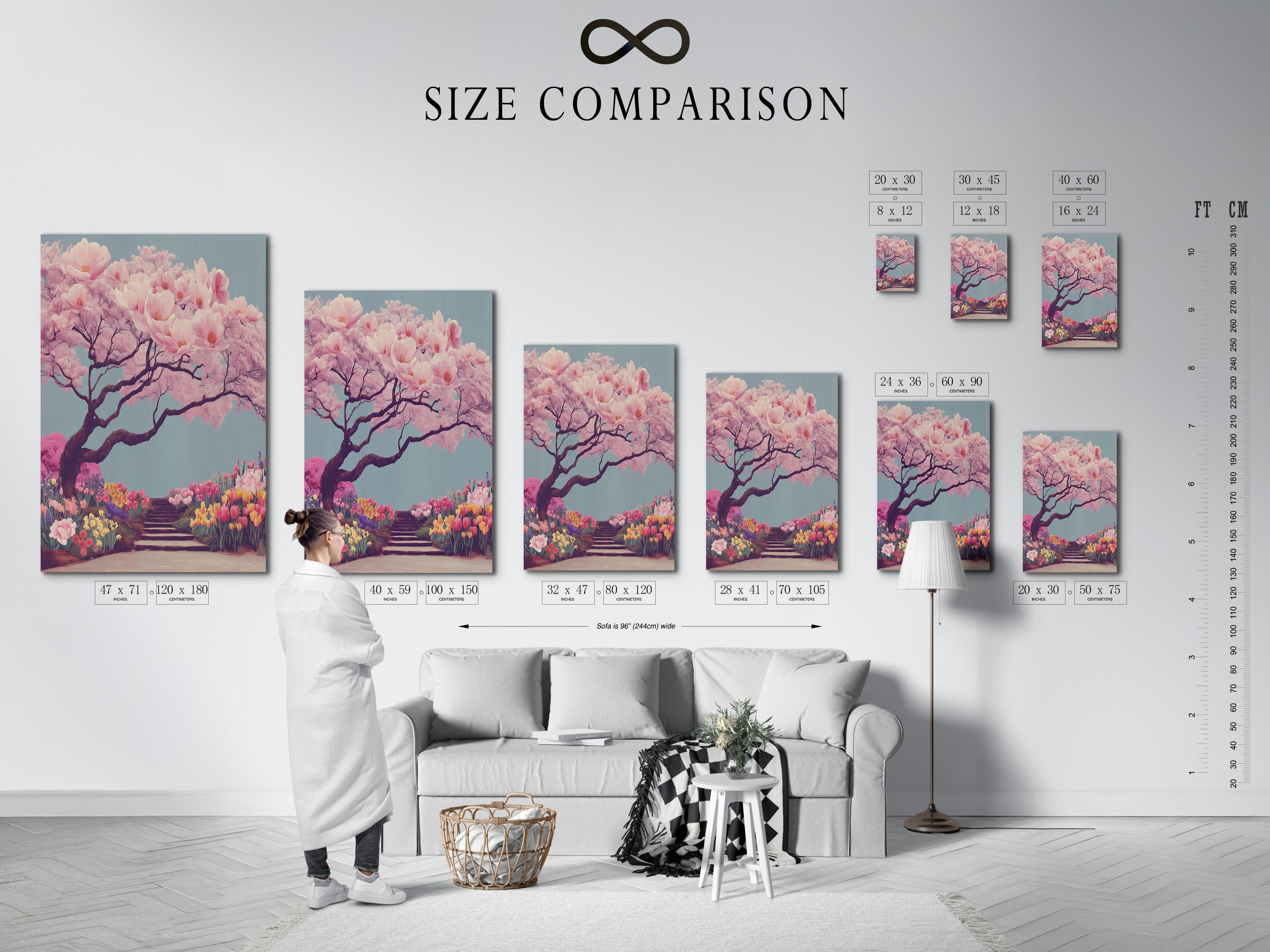 A size comparison chart displayed in an interior setting. The chart showcases various sizes of the cherry blossom tree artwork. Choose the perfect size for your space whether it's a small print or a large canvas. This Japanese garden canvas print is available in multiple sizes to suit any room.