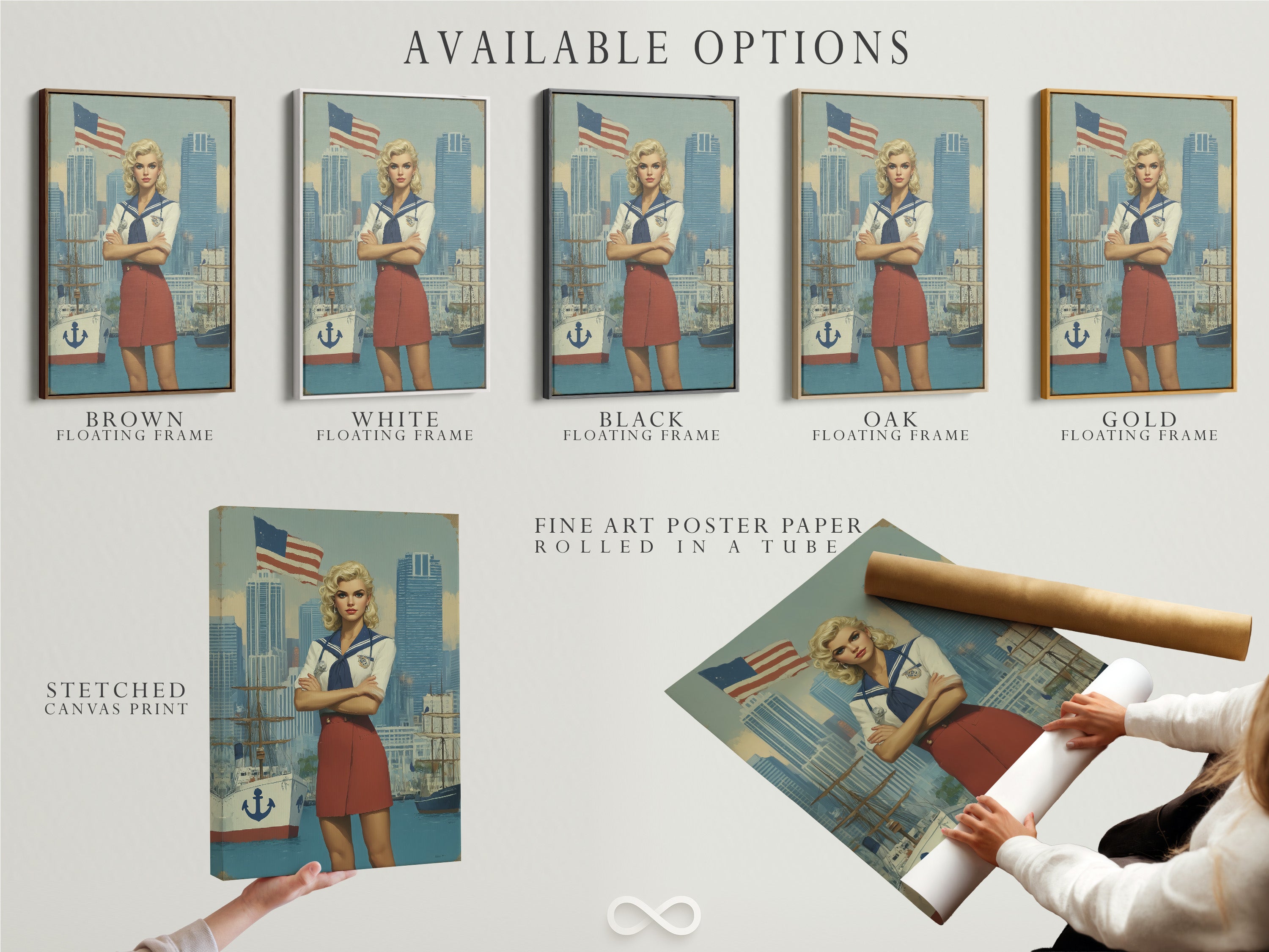 Available options for vintage navy pin-up artwork. Choose from stretched canvas print fine art poster paper or a floating frame. Customize your retro wall decor. Create the perfect nautical art piece.