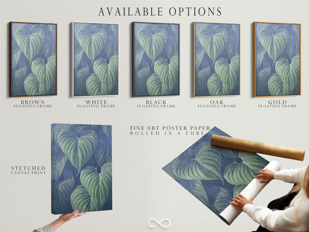 Available options include stretched canvas print fine art poster paper and a floating frame. Select your preferred format for the tropical leaf art. Each option enhances the blue green botanical wall art. Customize your artwork.