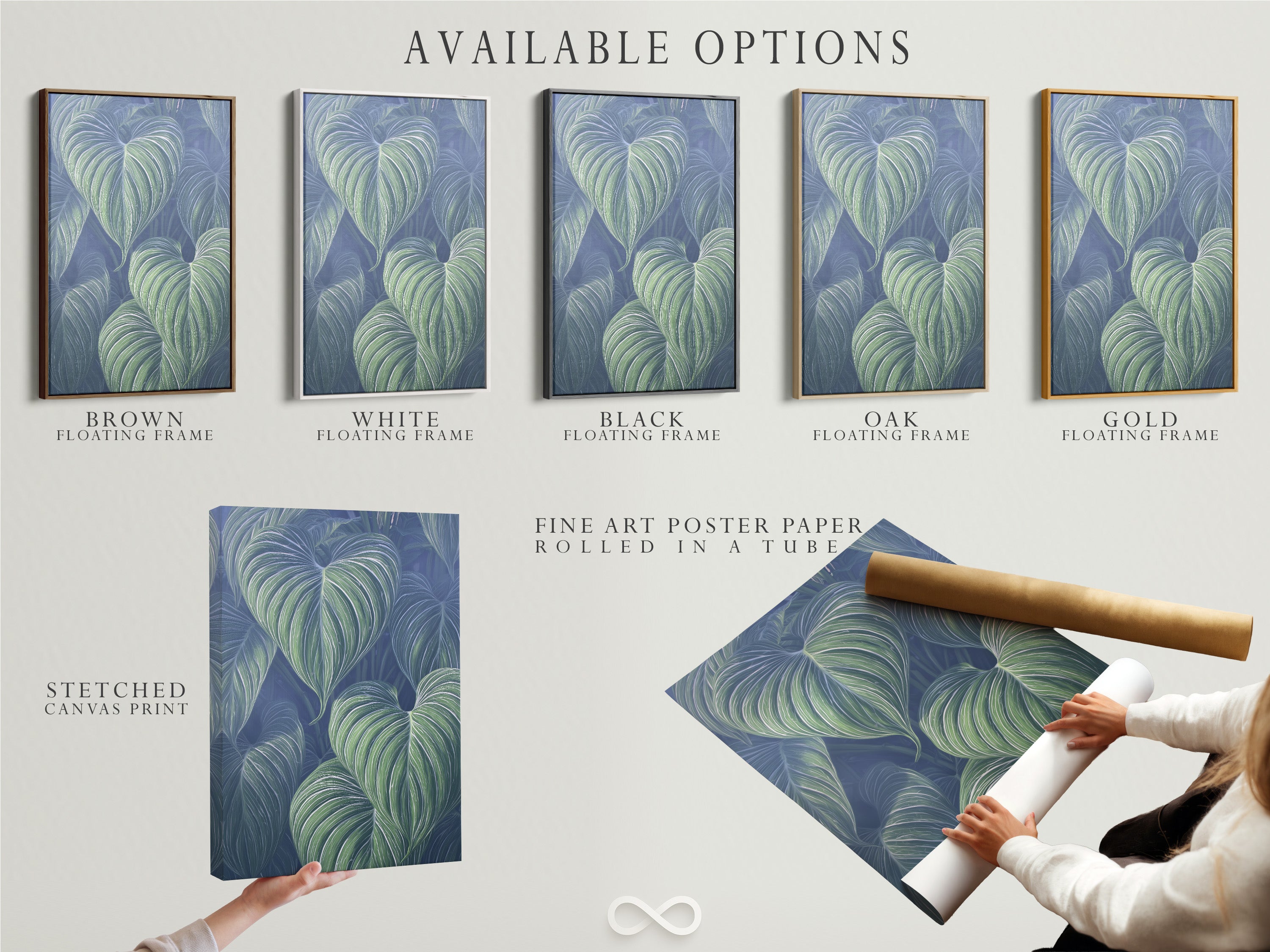 Available options include stretched canvas print fine art poster paper and a floating frame. Select your preferred format for the tropical leaf art. Each option enhances the blue green botanical wall art. Customize your artwork.