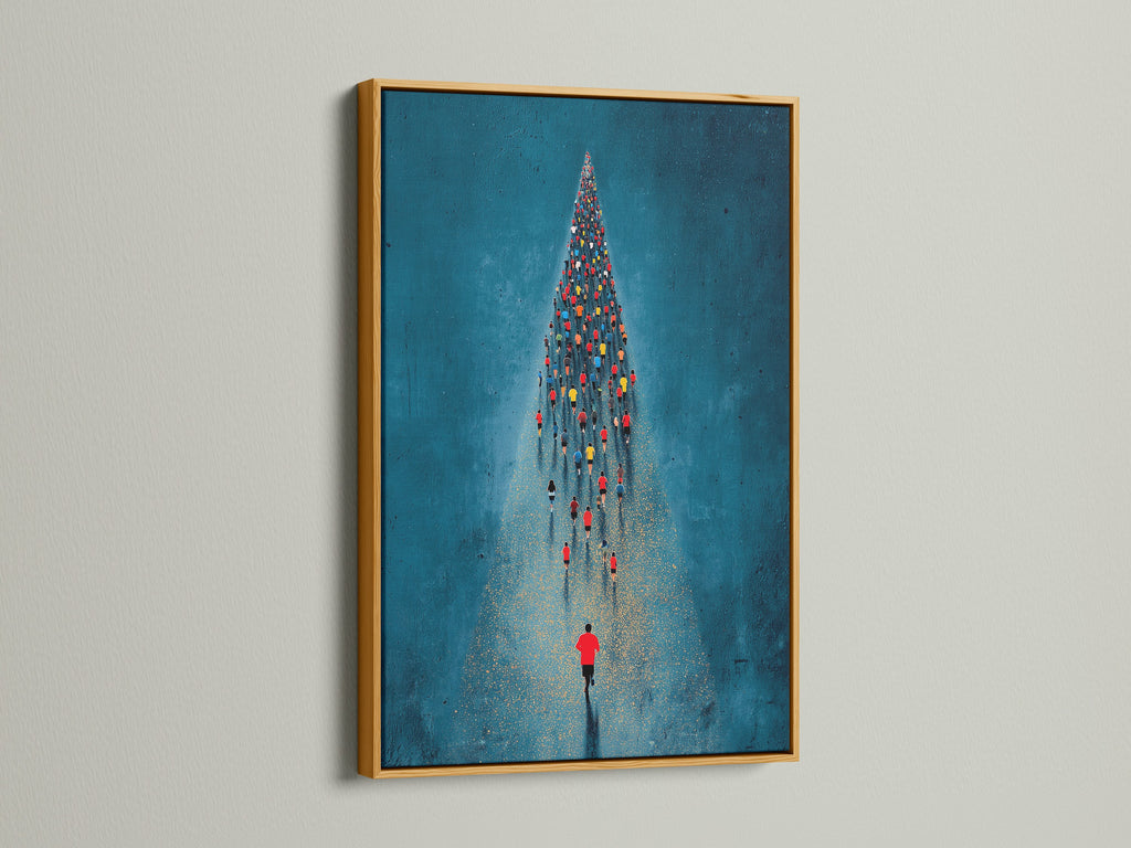 The aerial swimmers artwork shines in a luxurious gold frame. This aquatic art print adds a touch of elegance to your wall decor. The gold frame enhances the blue and gold tones of the artwork. Perfect for those seeking a stylish and inspiring piece. This artwork elevates the ambiance of any room.