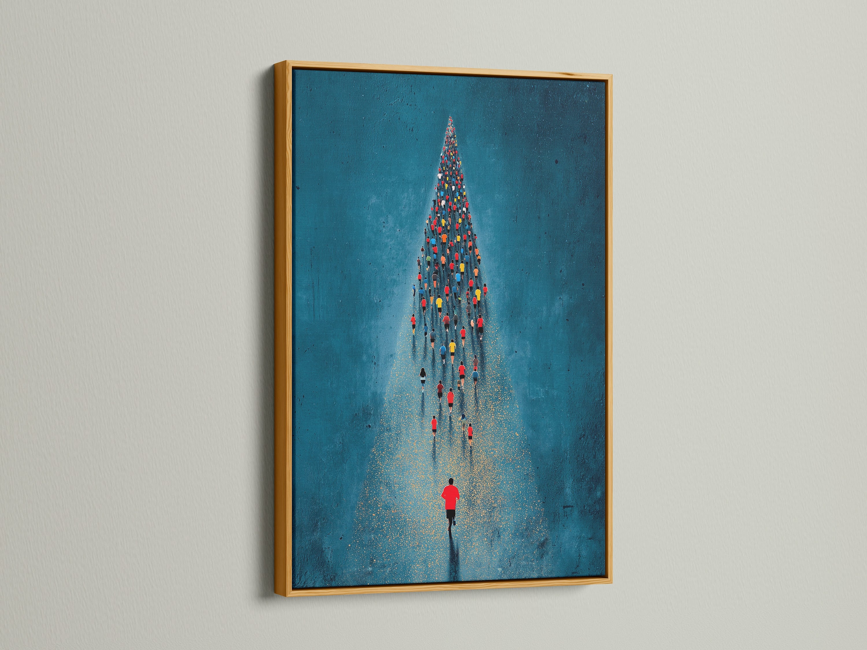 The aerial swimmers artwork shines in a luxurious gold frame. This aquatic art print adds a touch of elegance to your wall decor. The gold frame enhances the blue and gold tones of the artwork. Perfect for those seeking a stylish and inspiring piece. This artwork elevates the ambiance of any room.