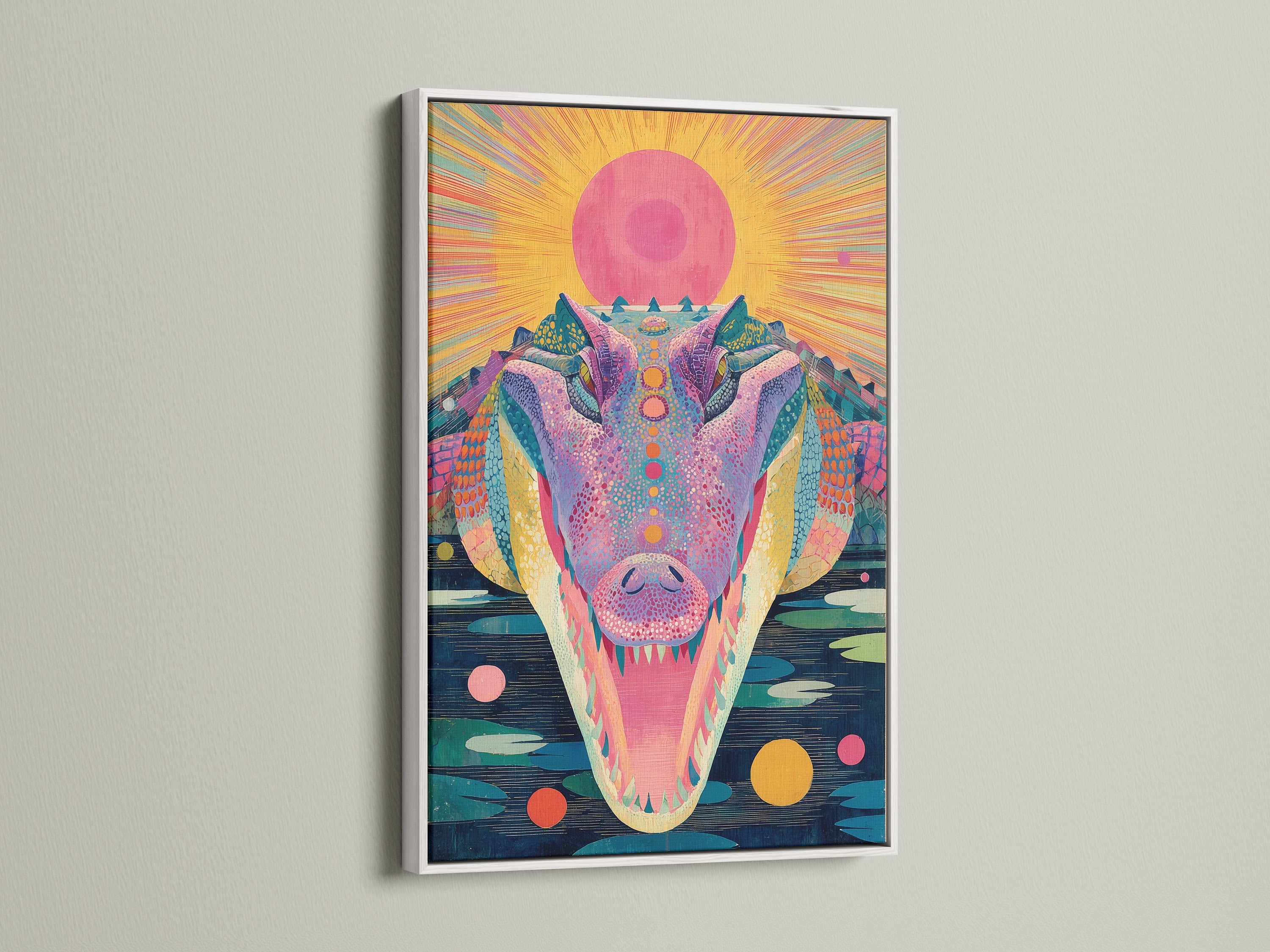 A psychedelic crocodile artwork is showcased in a white frame. The artwork brings a colorful and trippy vibe to any space. This surreal animal poster is perfect for eclectic artwork. It adds a funky touch to bohemian and eclectic artwork. It enhances bedroom wall artwork.