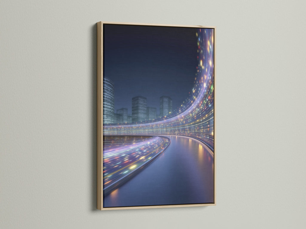 Futuristic cityscape artwork in an oak frame. The modern urban wall art features digital city lights. The oak frame enhances the contemporary style of the artwork. Perfect for adding a touch of modern elegance to your living space.
