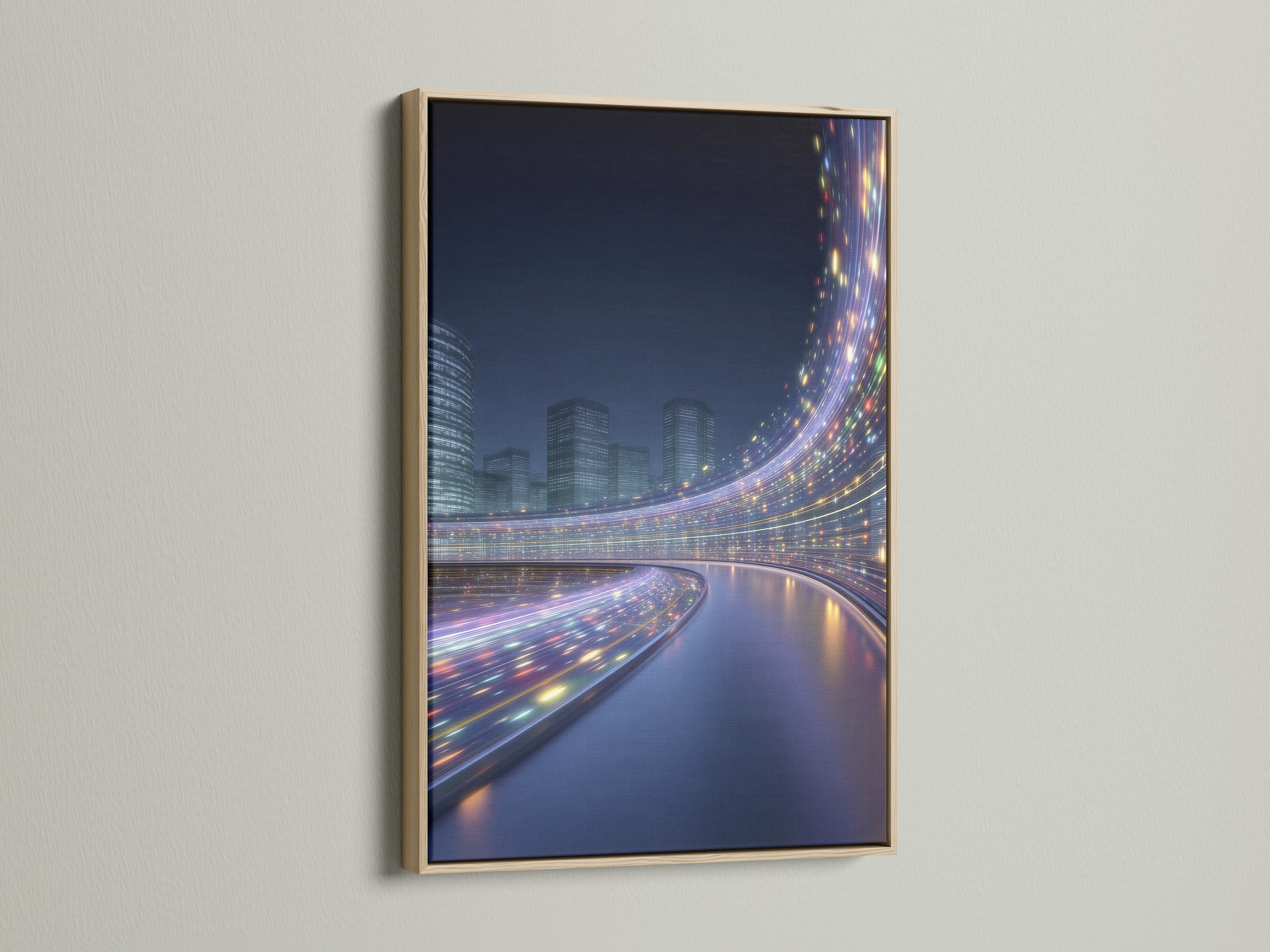 Futuristic cityscape artwork in an oak frame. The modern urban wall art features digital city lights. The oak frame enhances the contemporary style of the artwork. Perfect for adding a touch of modern elegance to your living space.