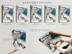 Available options for the Coastal Village artwork. Choose from a stretched canvas print a fine art poster paper or a floating frame. Customize your artwork to fit your style. This artwork brings a touch of Mediterranean elegance to your space. Perfect for homeowners renters and interior designers.