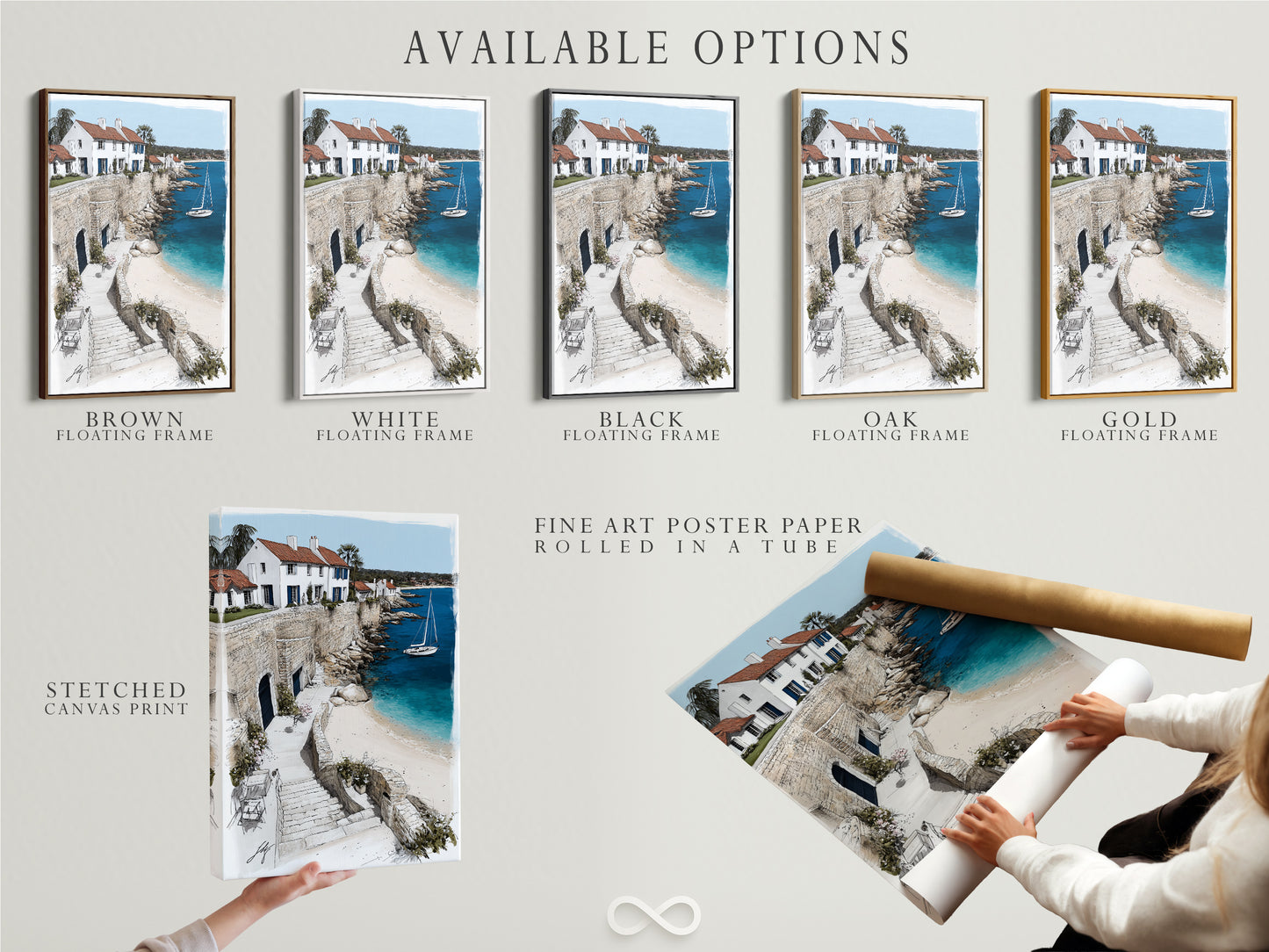 Available options for the Coastal Village artwork. Choose from a stretched canvas print a fine art poster paper or a floating frame. Customize your artwork to fit your style. This artwork brings a touch of Mediterranean elegance to your space. Perfect for homeowners renters and interior designers.