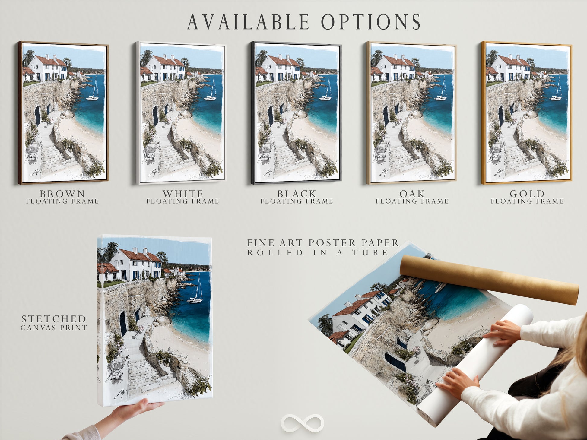 Available options for the Coastal Village artwork. Choose from a stretched canvas print a fine art poster paper or a floating frame. Customize your artwork to fit your style. This artwork brings a touch of Mediterranean elegance to your space. Perfect for homeowners renters and interior designers.