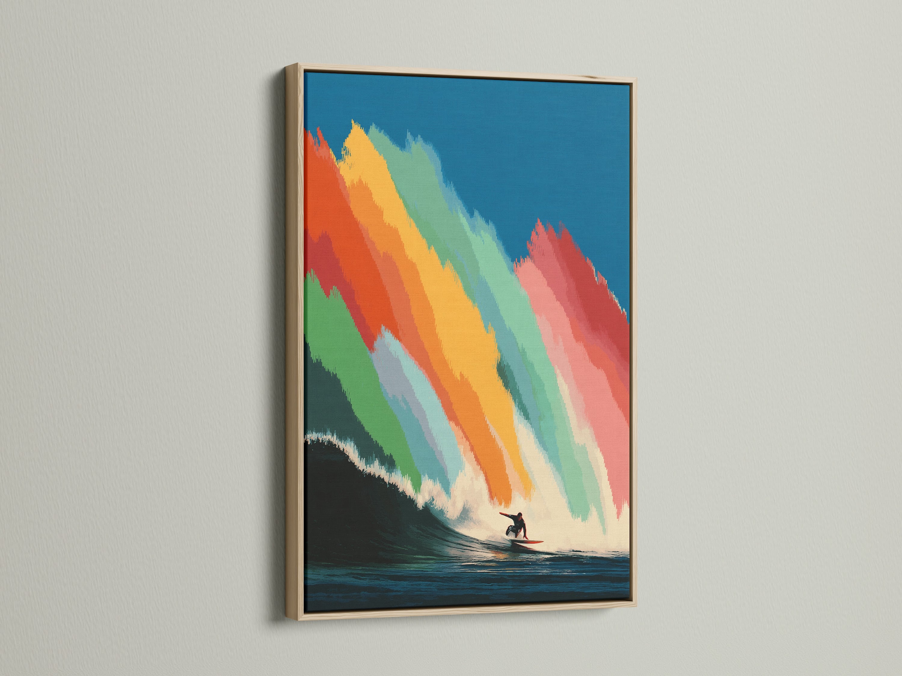 View a close-up of a surfer wall art print in an oak frame. The natural wood tones enhance the colorful wave art. Perfect for adding a touch of coastal style to your living room bedroom or office. This ocean canvas print brings a calming beach vibe.