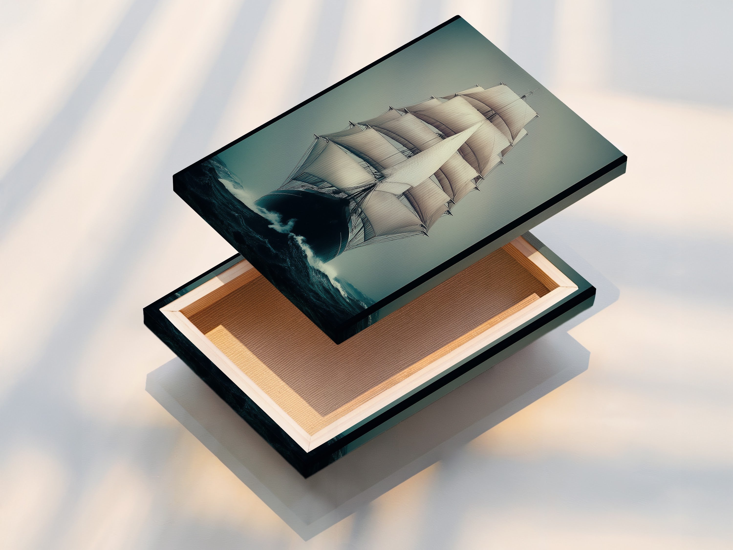 A stretched canvas print of a Sailing Ship. This nautical artwork captures the essence of the ocean. The maritime artwork enhances any coastal wall decor. Perfect for homeowners and interior decorators alike.