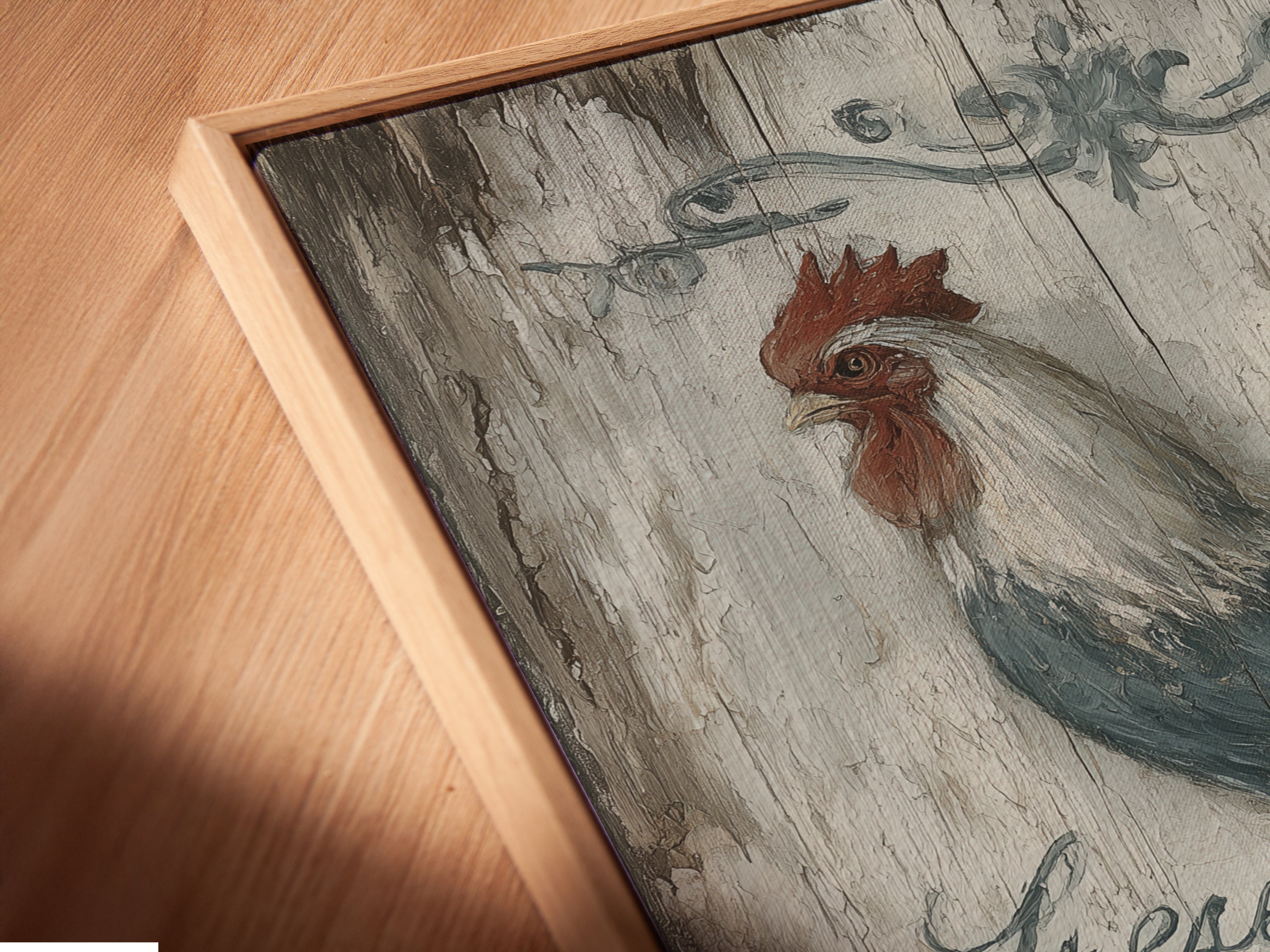 A close-up of a canvas print in a floating frame. This rooster wall art is perfect for a farmhouse kitchen. The Fresh Eggs Daily sign adds rustic charm. The floating frame gives a modern touch. Enhance your wall decor.