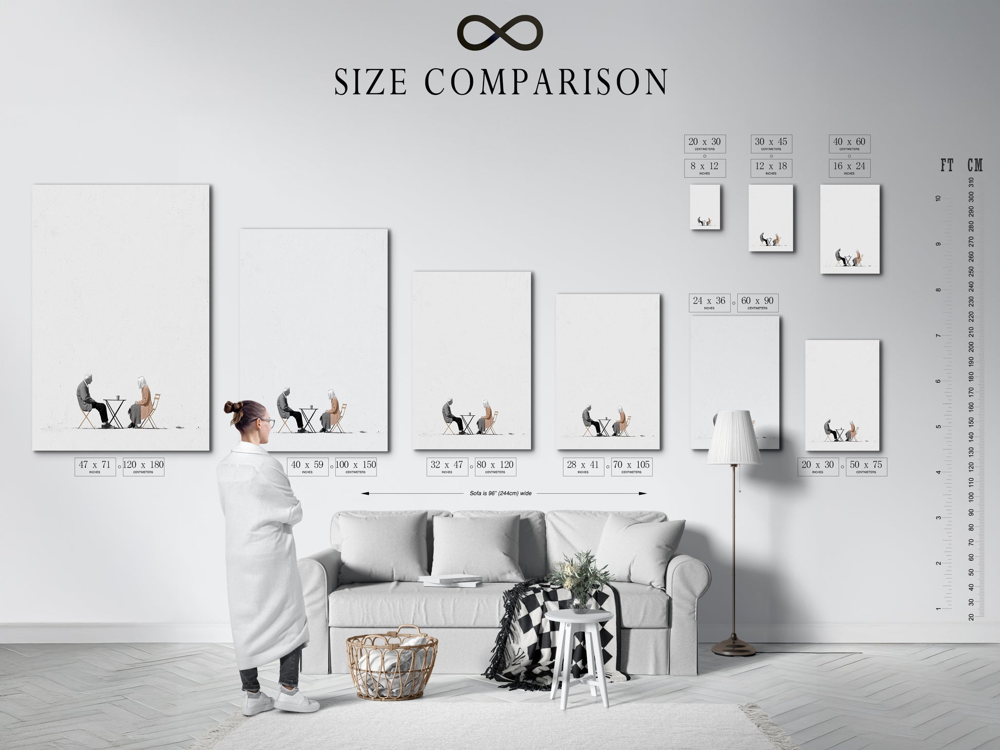 See our size comparison chart in an interior setting. This helps you visualize the perfect fit for your space. Featuring a minimalist art print of an elderly couple. Choose the ideal size for your wall decor needs. Transform your space with our high-quality artwork.