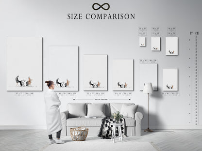 See our size comparison chart in an interior setting. This helps you visualize the perfect fit for your space. Featuring a minimalist art print of an elderly couple. Choose the ideal size for your wall decor needs. Transform your space with our high-quality artwork.
