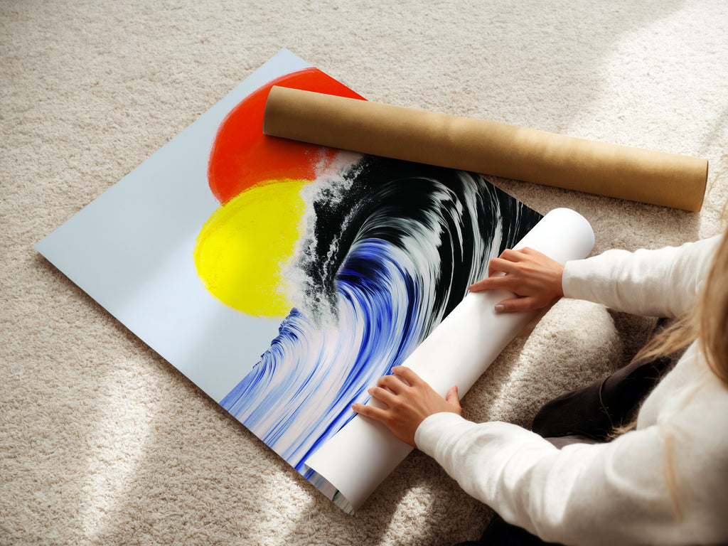 A woman is rolling a fine art poster paper. The ocean wave art is ideal for surf wall decor. It's a modern beach canvas print for any space. This coastal wall art will look great. The wave artwork is perfect for homeowners.