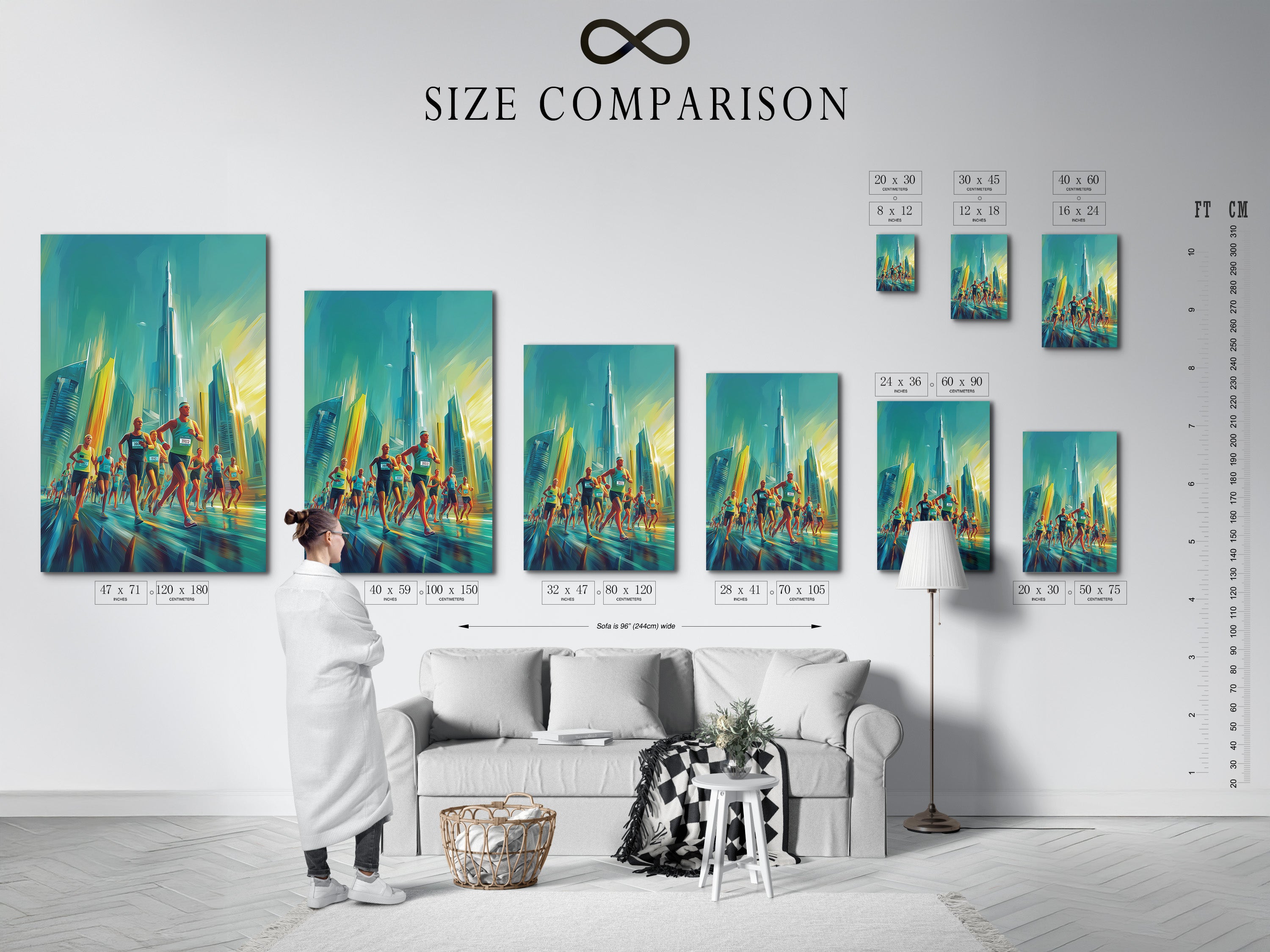 An interior scene featuring a size comparison chart. The chart helps visualize artwork dimensions. See how different sizes fit your space. Use this chart to plan your art arrangement. Choose the perfect size for your artwork today
